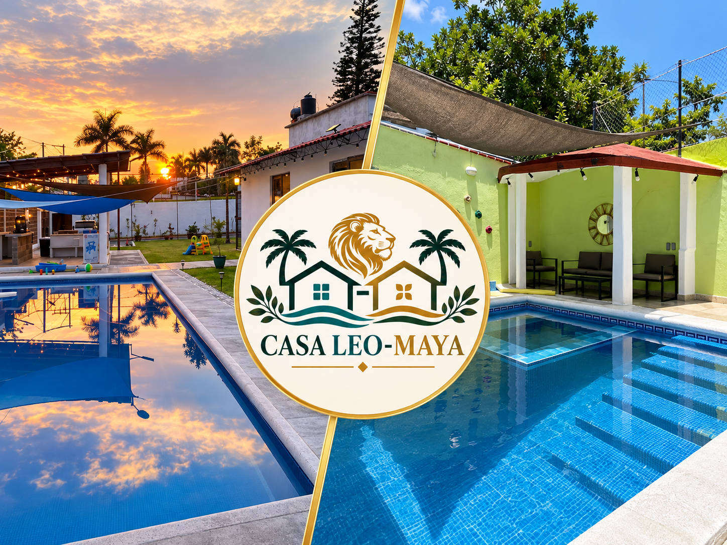 Collage de las albercas de Casa LEO y Casa MAYA con el logo conjunto al centro